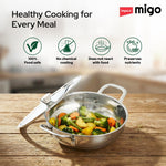 MIGO Migo Ultra-Thick Deep Kadai | Uniform Heating | Super Strong SS Wired Handles and Non-Rustic Material | Kadhai 24 cm diameter with Lid 2.9 L capacity