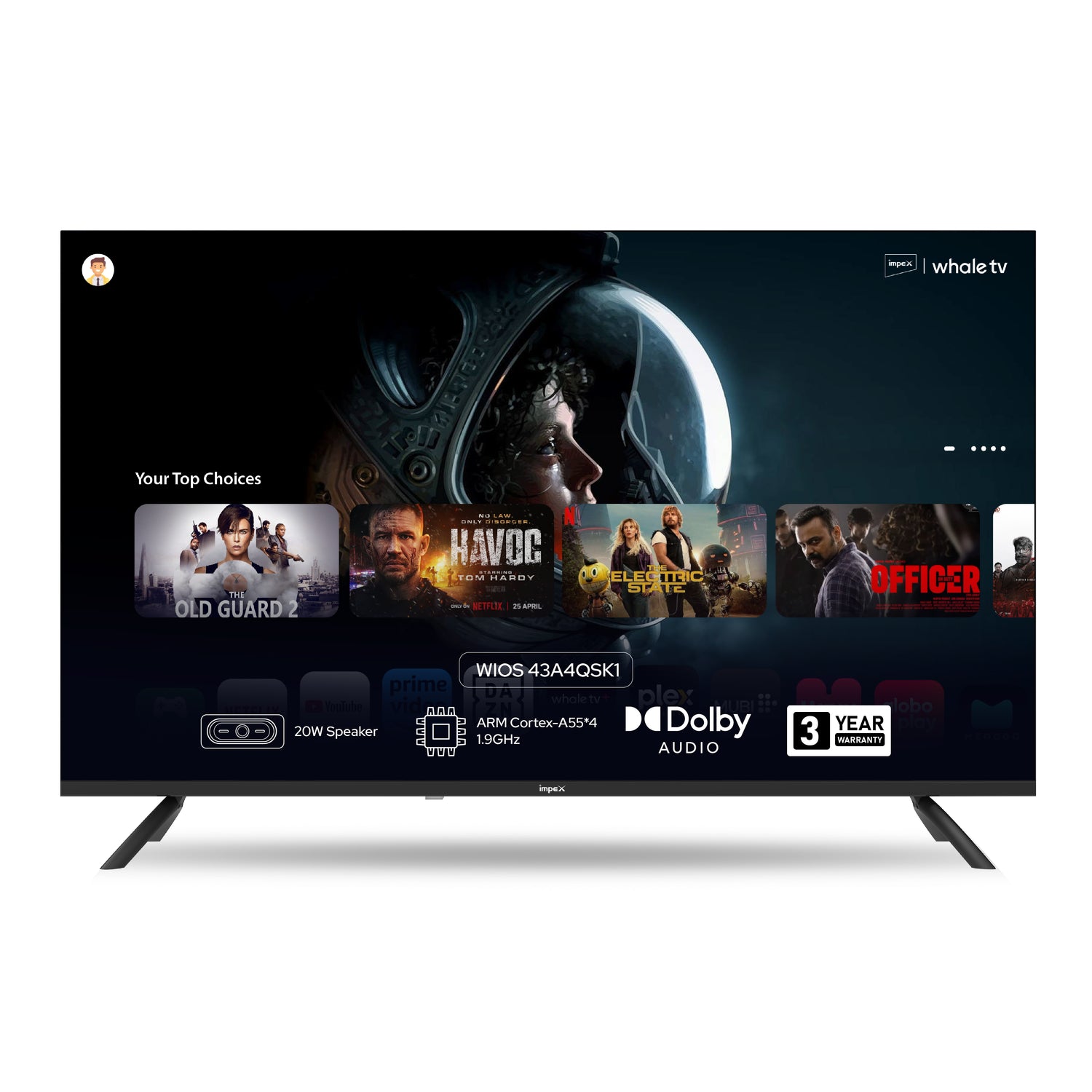 Impex WIOS Whale Series 43-inch 4K UHD QLED Smart TV with Dolby Vision, HDR10, and 3-Year Warranty (Black)