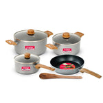 EON Forged 8 Pcs Set NCB Nonstick Cookware Set (Grey Hammertone) | Granite Coating | Gas & Induction Compatible | Wooden Handles | Wine Red | 1 Year Warranty