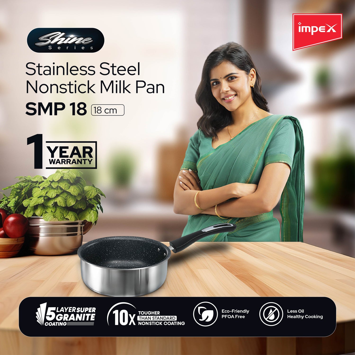 Impex Shine(SMP 18) Stainless Steel Non-stick Milk Pan 18cm