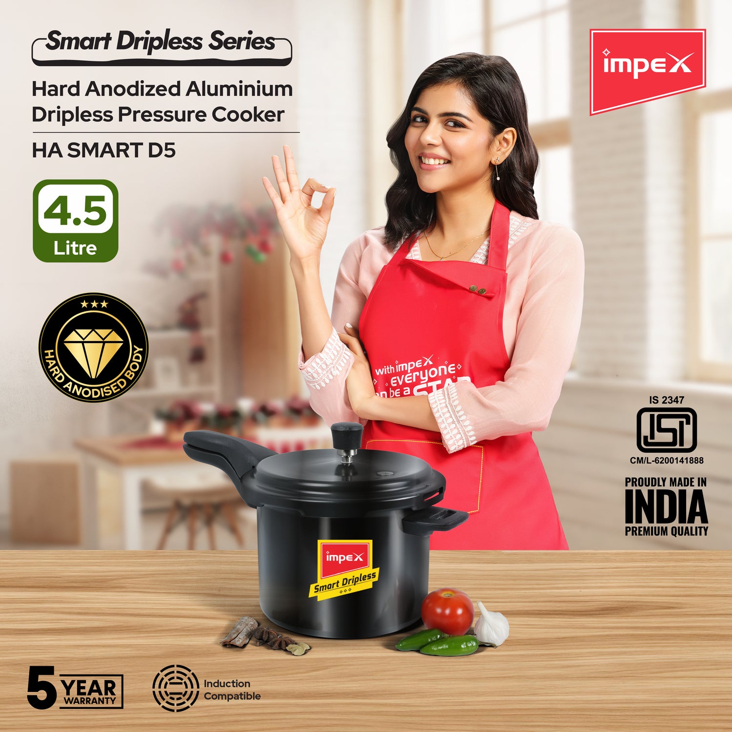 Impex HA Smart Dripless D5 4.5L Hard Anodized Aluminium Pressure Cooker