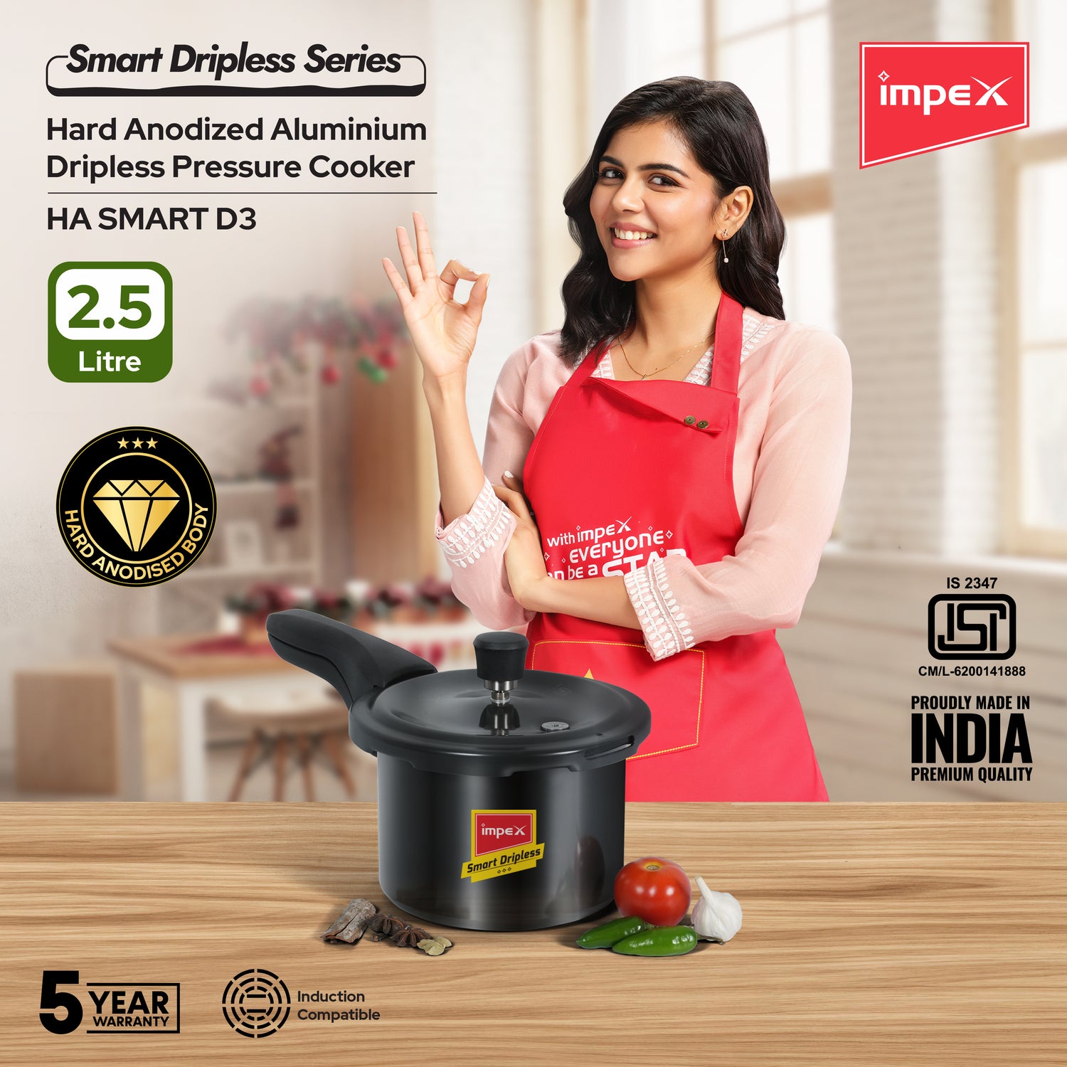 Impex HA Smart Dripless D3 2.5L Hard Anodized Aluminium Pressure Cooker