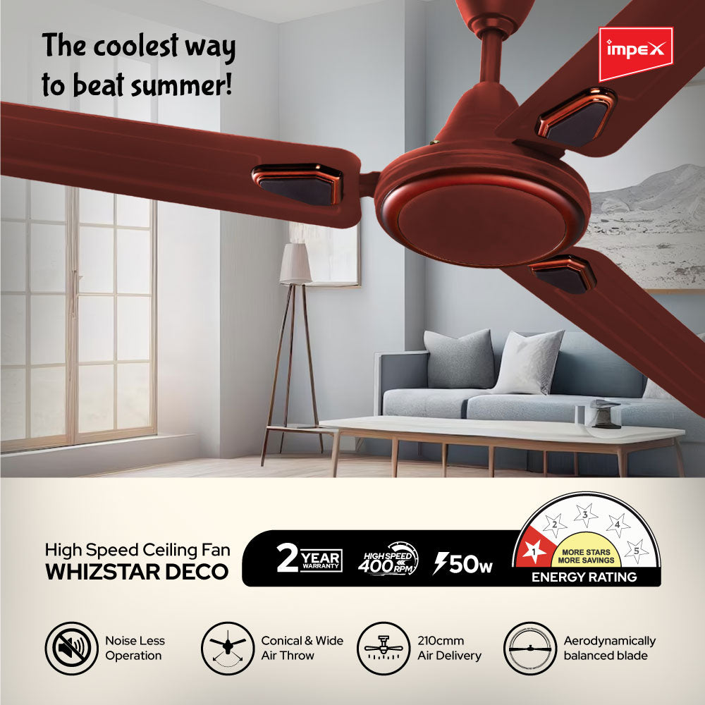 Impex Whizstar Deco1200 mm Ceiling Fan for Home, High Speed Fan Having 2 Years Warranty (Matte Brown)