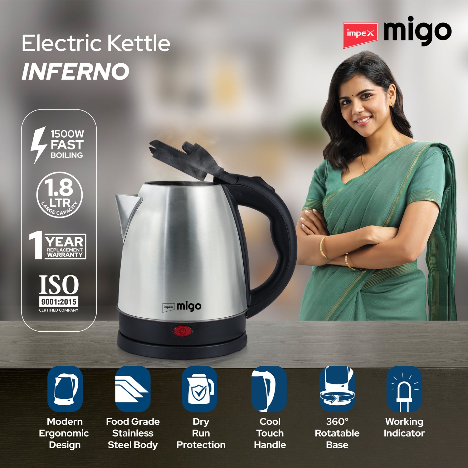 Impex Migo Inferno Stainless Steel Electric Kettle 1.8 Litre 1500 Watts 1 Year Warranty