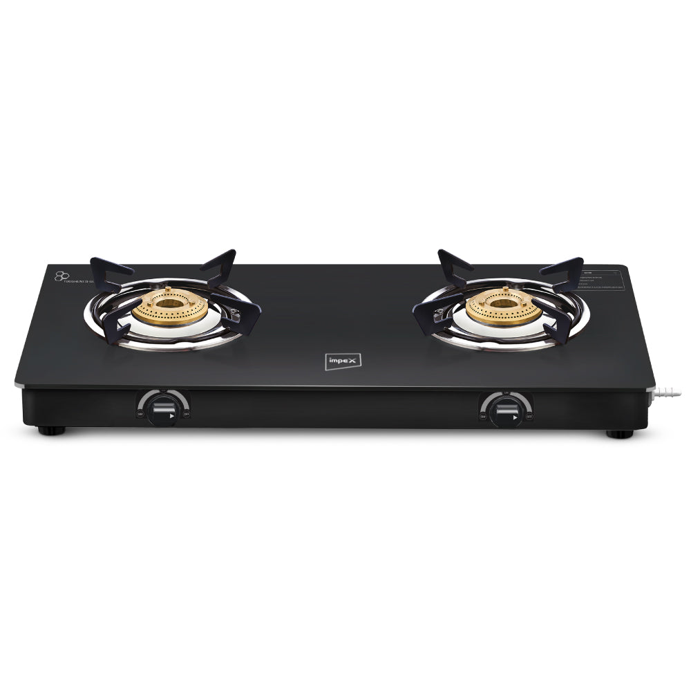 Impex IGS 1212M Glass Top 2 Burner Gas Stove, Manual Ignition, ISI Certified, 2-Year Warranty, Black