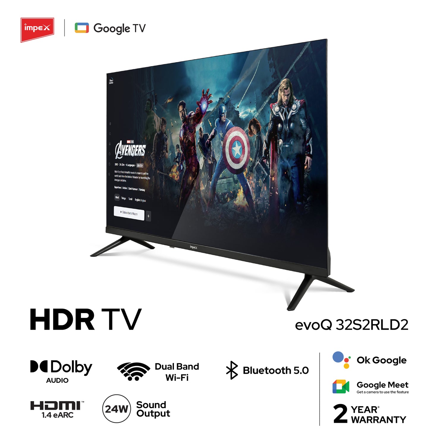 Impex (80 cm) 32 Inch HD Ready Google TV evoQ 32S2RLD2 | Android 11 | HDR | LED TV |4 Years Warranty | Storage Memory 8GB and 1.5 GB RAM (Black)