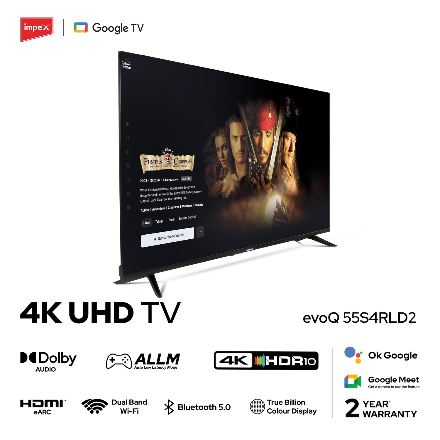 Impex 139 cm (55 Inch) UHD Google TV evoQ 55S4RLD2 | Android 11 | HDR | LED TV | Wi-Fi, Bluetooth, USB, HDMI | 4 Years Warranty | Storage Memory 8GB and 2GB RAM (Black)