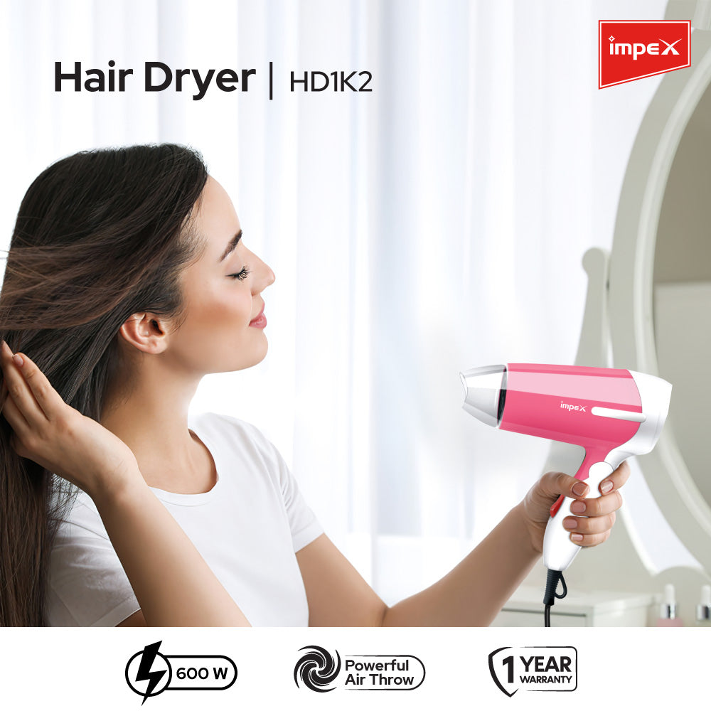 Impex HD 1K2 700W Compact Hair Dryer with 2 Heat Settings and Concentrator Nozzle (Pink with White)