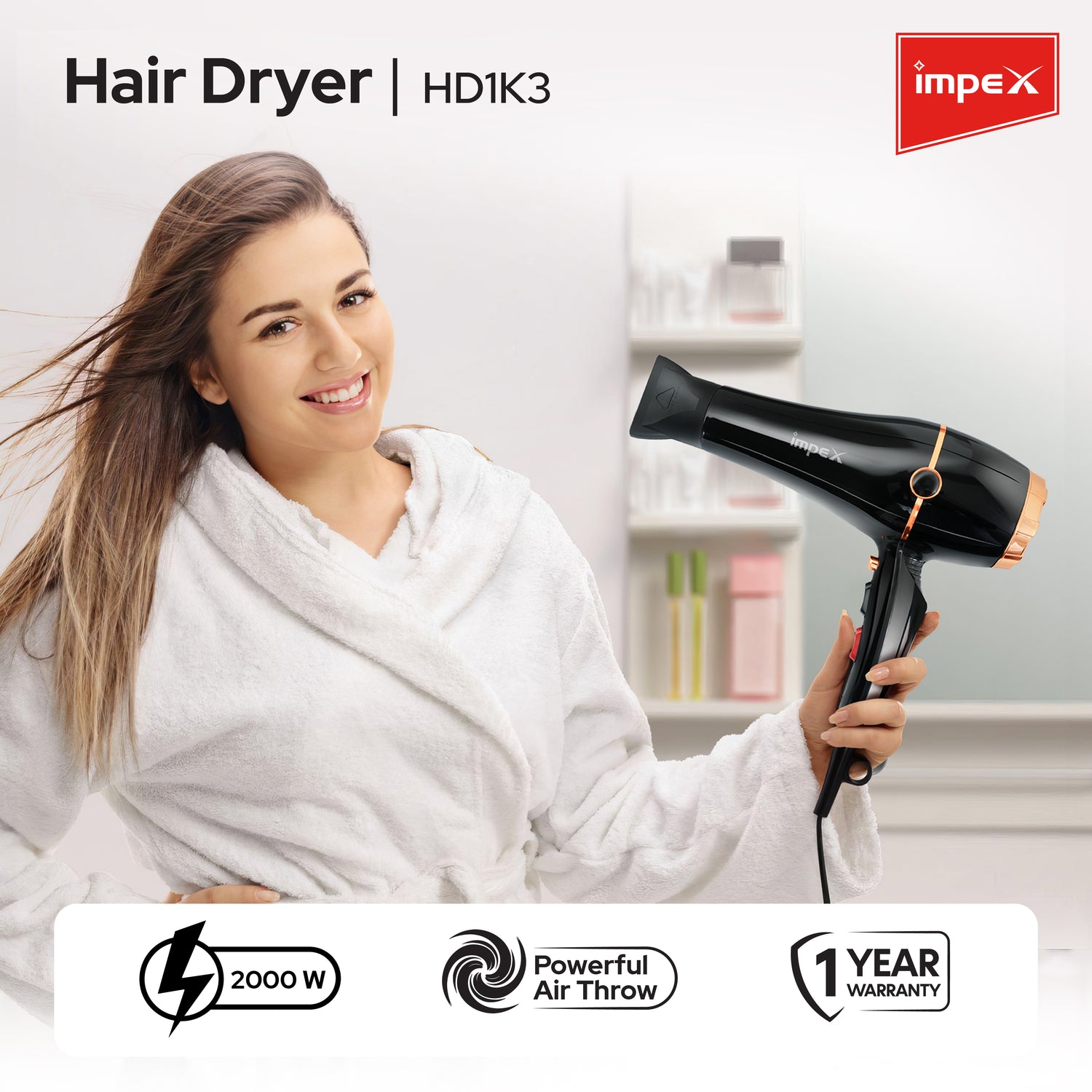 Impex HD 1K3 2000W Professional Hair Dryer with 2 Nozzles and Multiple Heat/Speed Settings (Black with Gold)