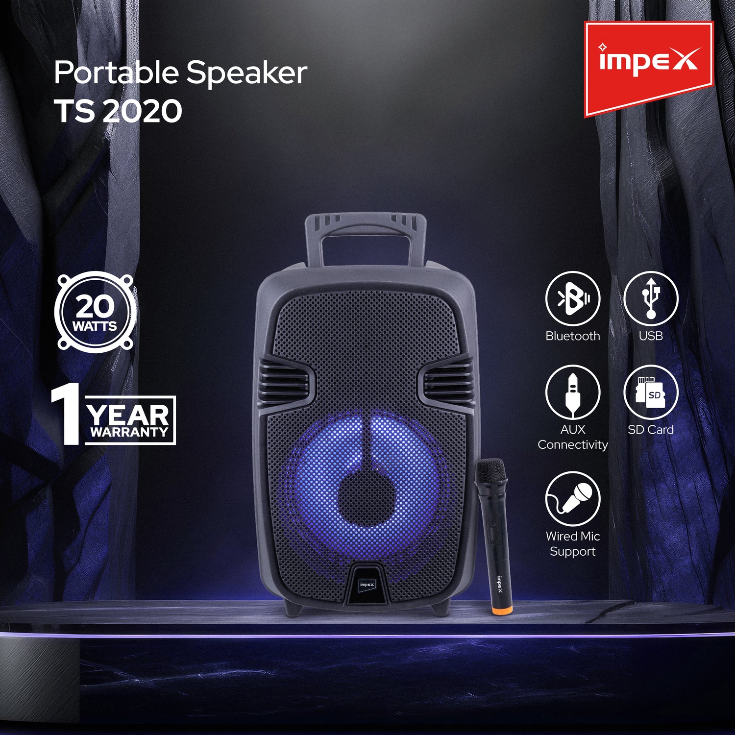 Impex Portable Speaker TS 2020 With Wireless Mic, Supports AUX, Bluetooth, USB, TF, FM Radio, 1 Year Warranty(Black)