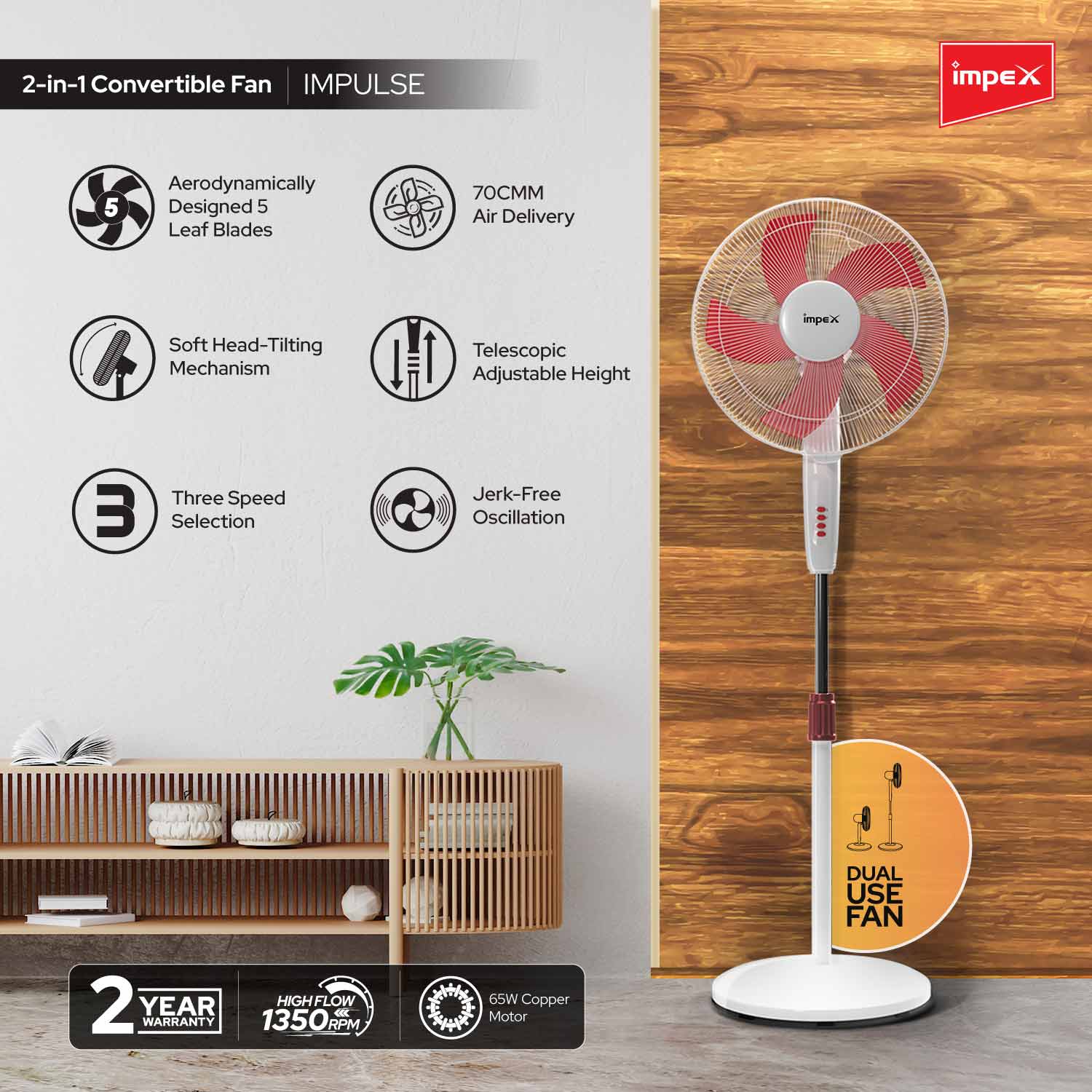 Impex Impulse 400mm Table pedestal 2 in 1 convertible fan with 2 years warranty (Red and White)