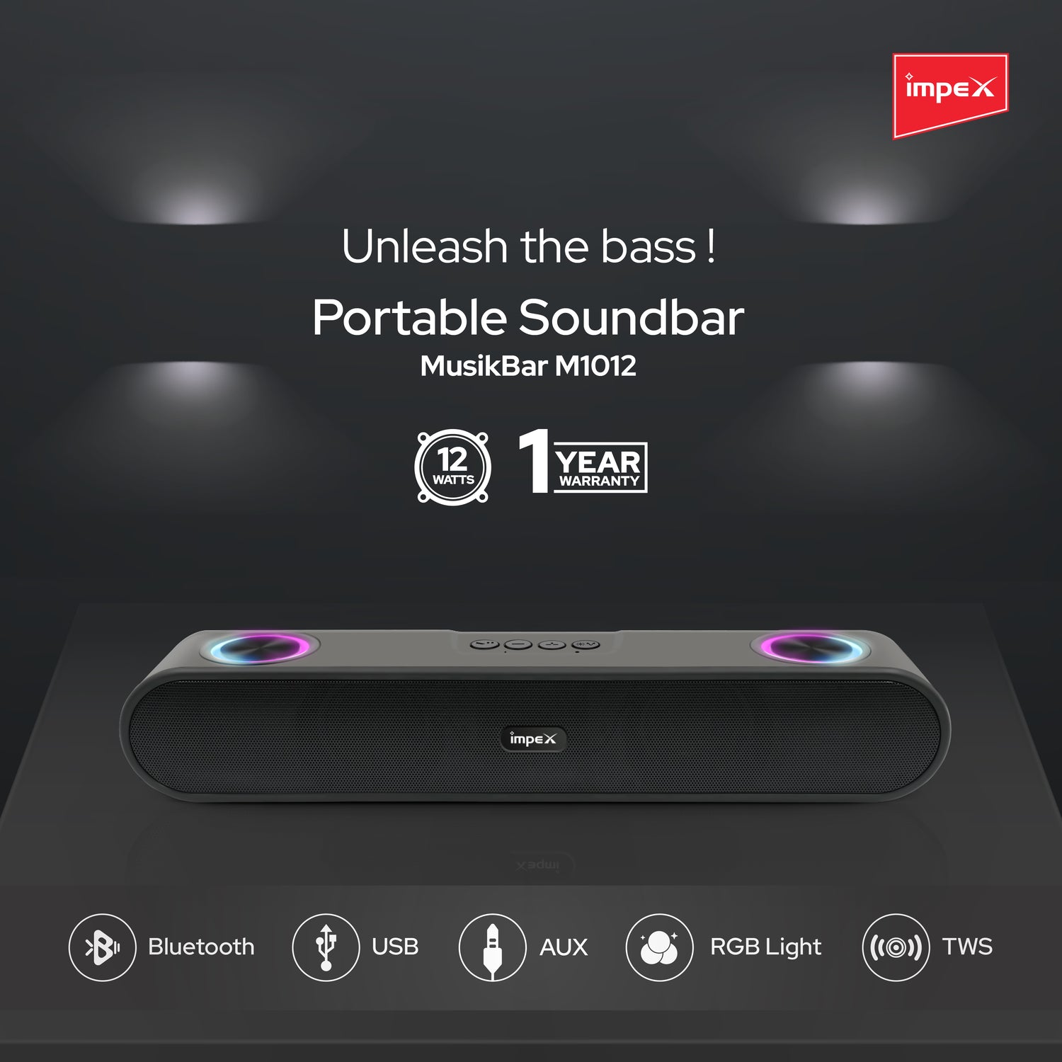 Impex Portable Soundbar MUSIKBAR M1012, Portable Soundbar with LED Light Function, Supports USB, Bluetooth, AUX, FM & TF, 1 Year Warranty (Black)