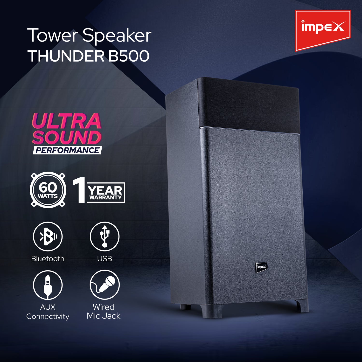 Thunder B500 60W Party Speaker with Bluetooth 5.0, USB, AUX, FM Radio, LED Lights - Black | 1 Year Warranty
