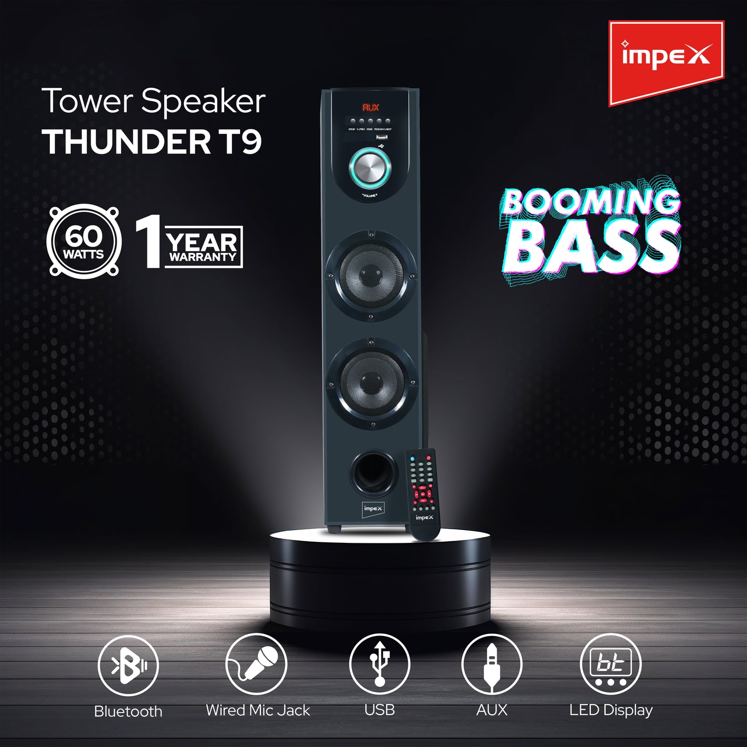 Impex THUNDER T9 60W Tower Speaker with Bluetooth 5.0, USB, AUX, FM Radio - Black | 1 Year Warranty