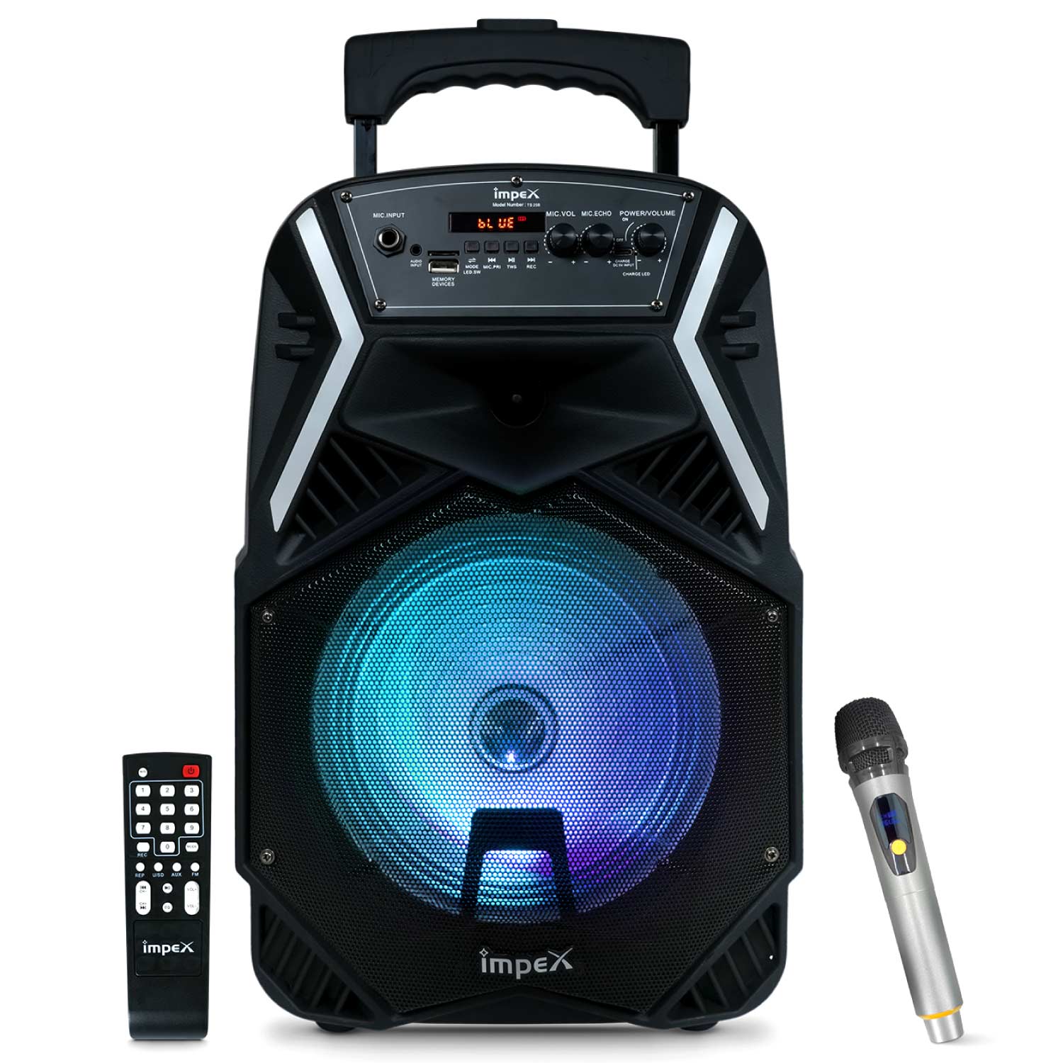 Impex TS-25B 25 Watts Multimedia Portable Trolley Speaker with USB/SD/TF/FM Radio/AUX/Remote/Bluetooth/Wireless Mic & DJ LED Light Function (Black)