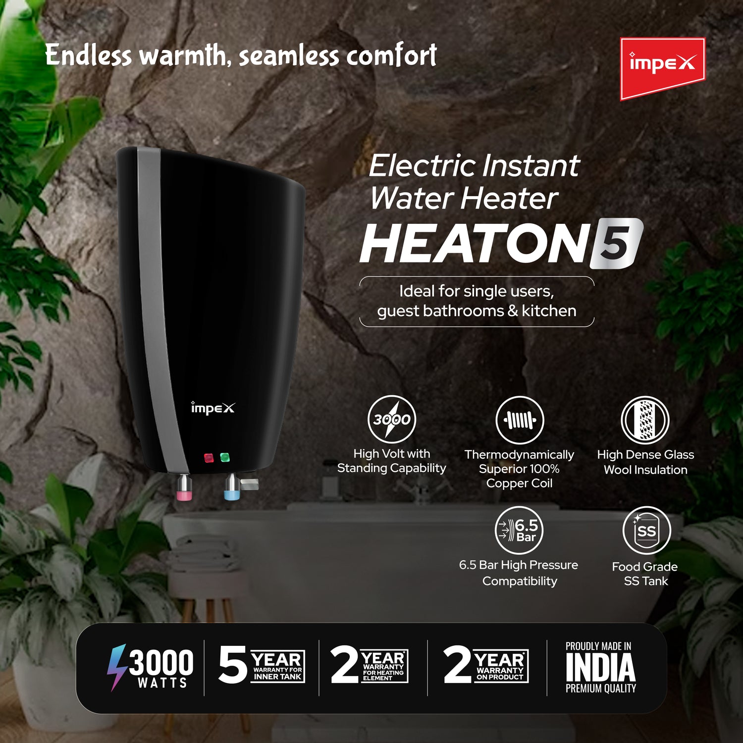 IMPEX HEATON BK 5 Instant Water Heater -5L, 3000W, 6.5 Bar, Stainless Steel Tank, Efficient Heating Technology,Black-Grey