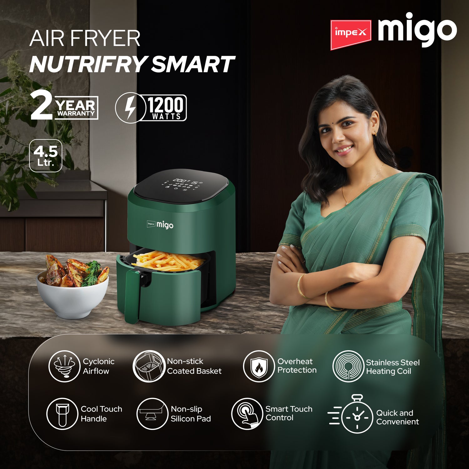 Impex Migo Digital Air Fryer 10 in 1 Airfryer, 1200 W Oil-free Cooking 4.5 L Instant Electric Air Fryer for Home Auto Cut Off, Fry, Grill, Roast, Steam, and Bake 2 Years Warranty (Green)