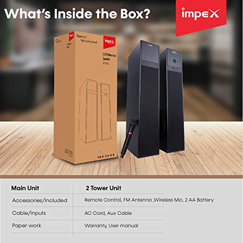 Impex Thunder-T3 Plus 160 Watts 2.0 Channel Multimedia Tower Speaker with USB/SD/TF/FM Radio/AUX/Bluetooth/Wireless Mic & Remote Function (Black)