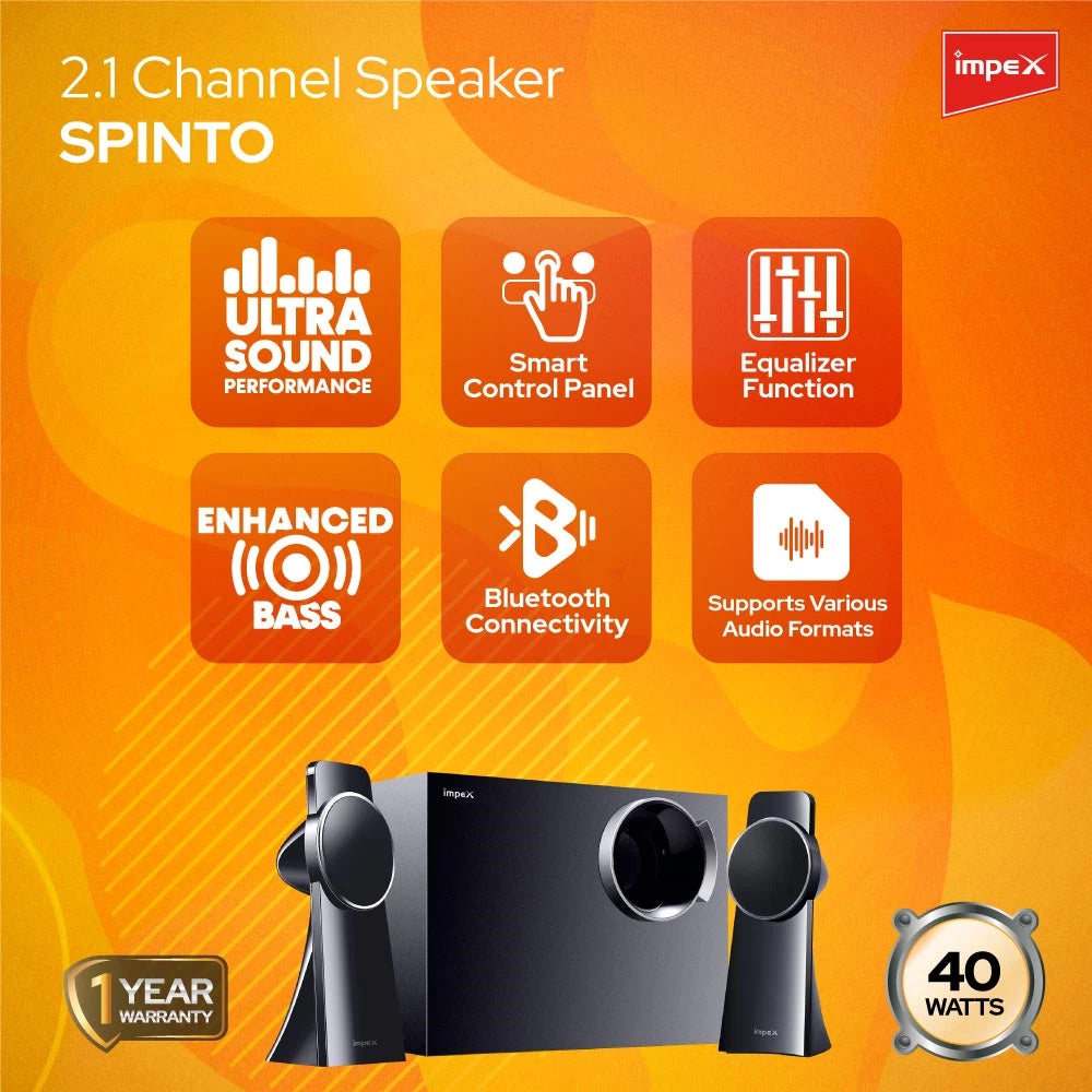 Impex SPINTO 40 Watts 2.1 Channel Multimedia Speaker System with USB/SD/MMC Card/Bluetooth & Remote Function (Black)