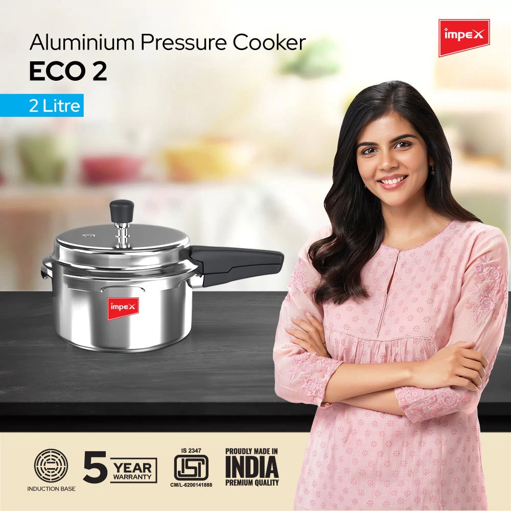 Impex ECO 2 Induction Base Outer Lid Aluminium Pressure Cooker, 2 litres, Silver