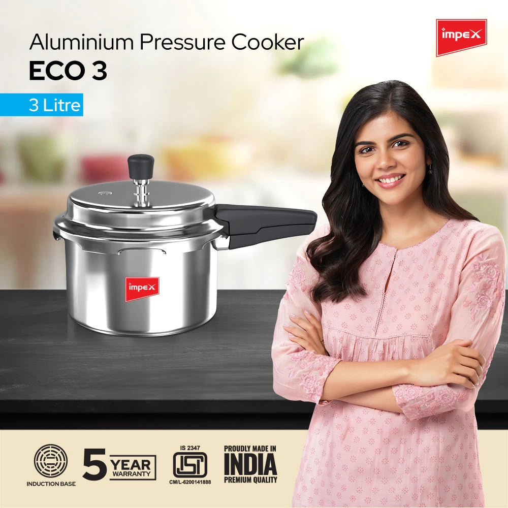 Impex ECO 3 Induction Base Outer Lid Aluminium Pressure Cooker, 3 litres, Silver
