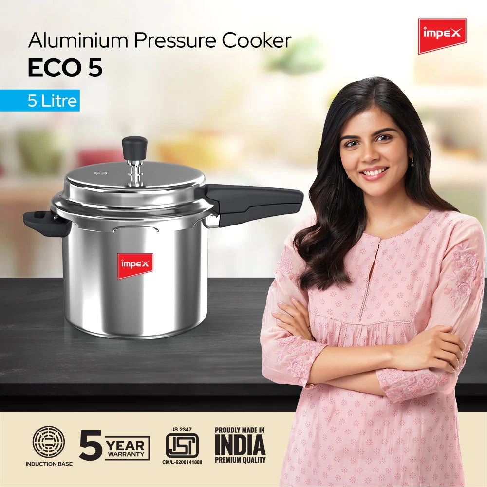 Impex ECO 5 L Induction Base Aluminium Pressure Cooker with Outer Lid (Silver)