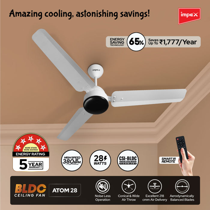 Impex BLDC Ceiling Fan ATOM 28 5 Star Rated Ceiling Fans for Home with Remote Control | Upto 65% Energy Saving High Speed Fan Having 5 Years Warranty (Matte White)