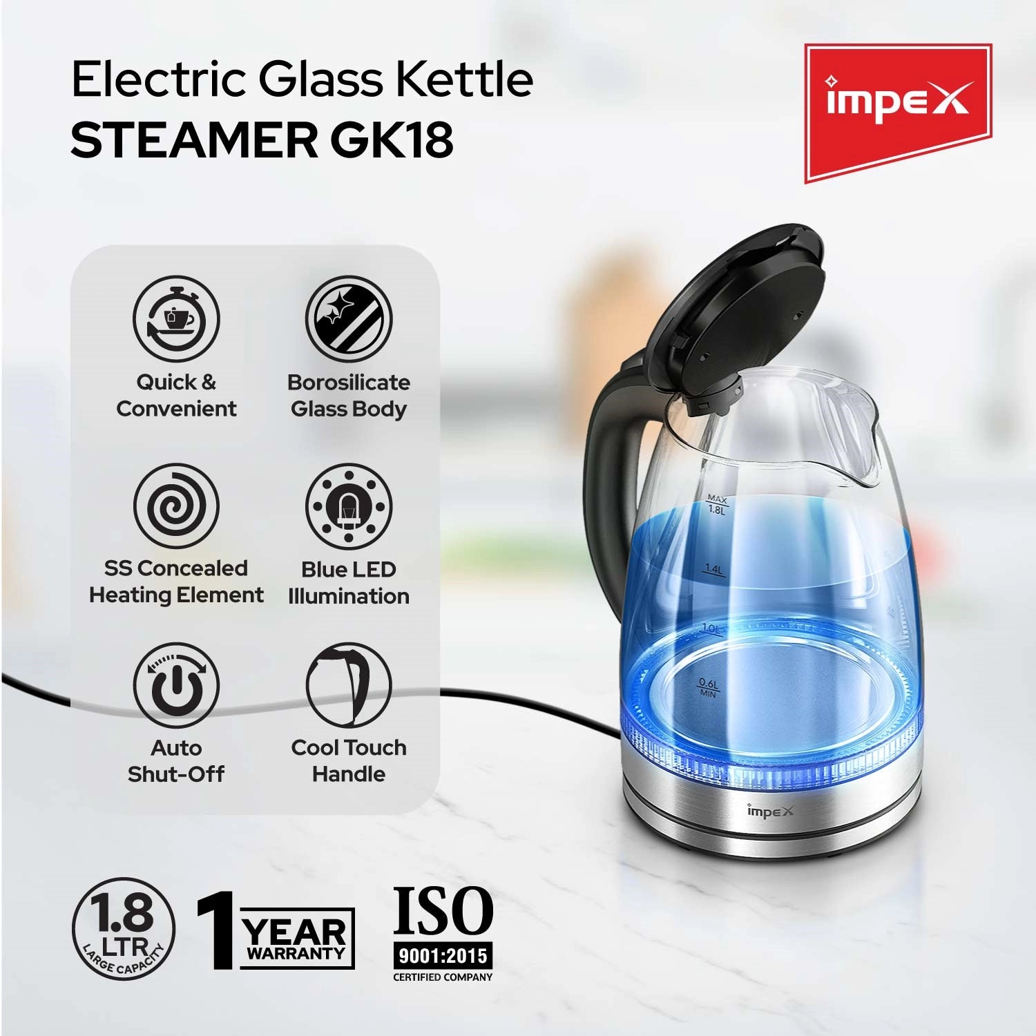 Impex STEAMER GK18 1.8 L Glass Body Electric Kettle with LED Illumination