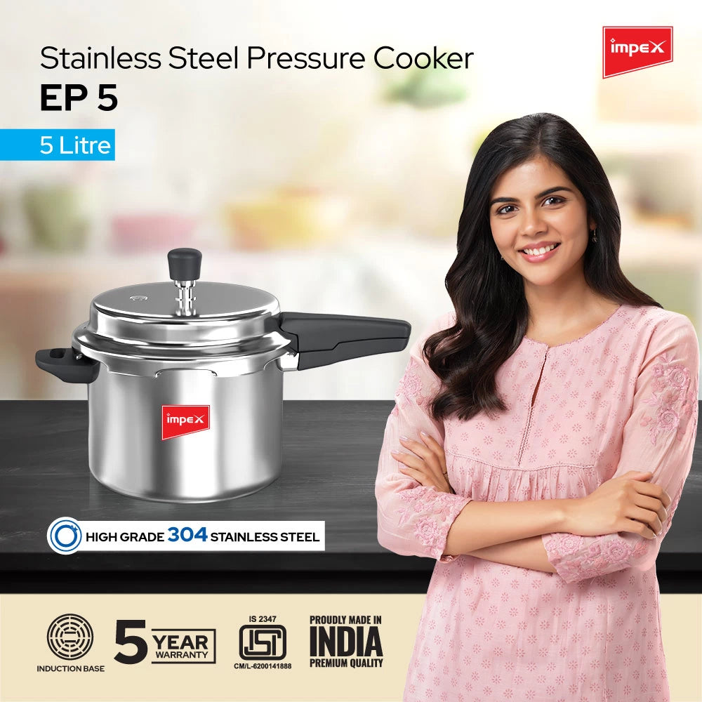 Impex EP5 Induction Base Stainless Steel Pressure Cooker, 5 litres, Silver
