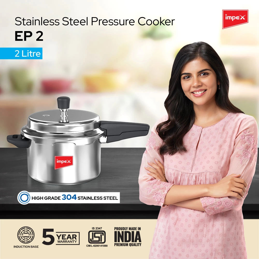 Impex EP Induction Base Stainless Steel Pressure Cooker, 2 litres, Silver