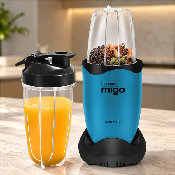 Blend Pro X5 500W BLENDER (Blue) | 2 Jars + 1 Jar Base | Copper Motor | Stainless Steel Blades | Sipper, Strainer & Closing Caps | 2 Year Warranty