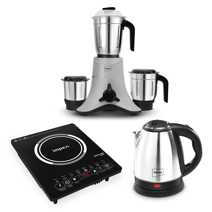 Impex Combo Induction Cooker (OMEGA H6A LX200) , Electric Kettle (STEAMER 1501), Mixer Grinder (GRIND Q 750 GREY BLACK)