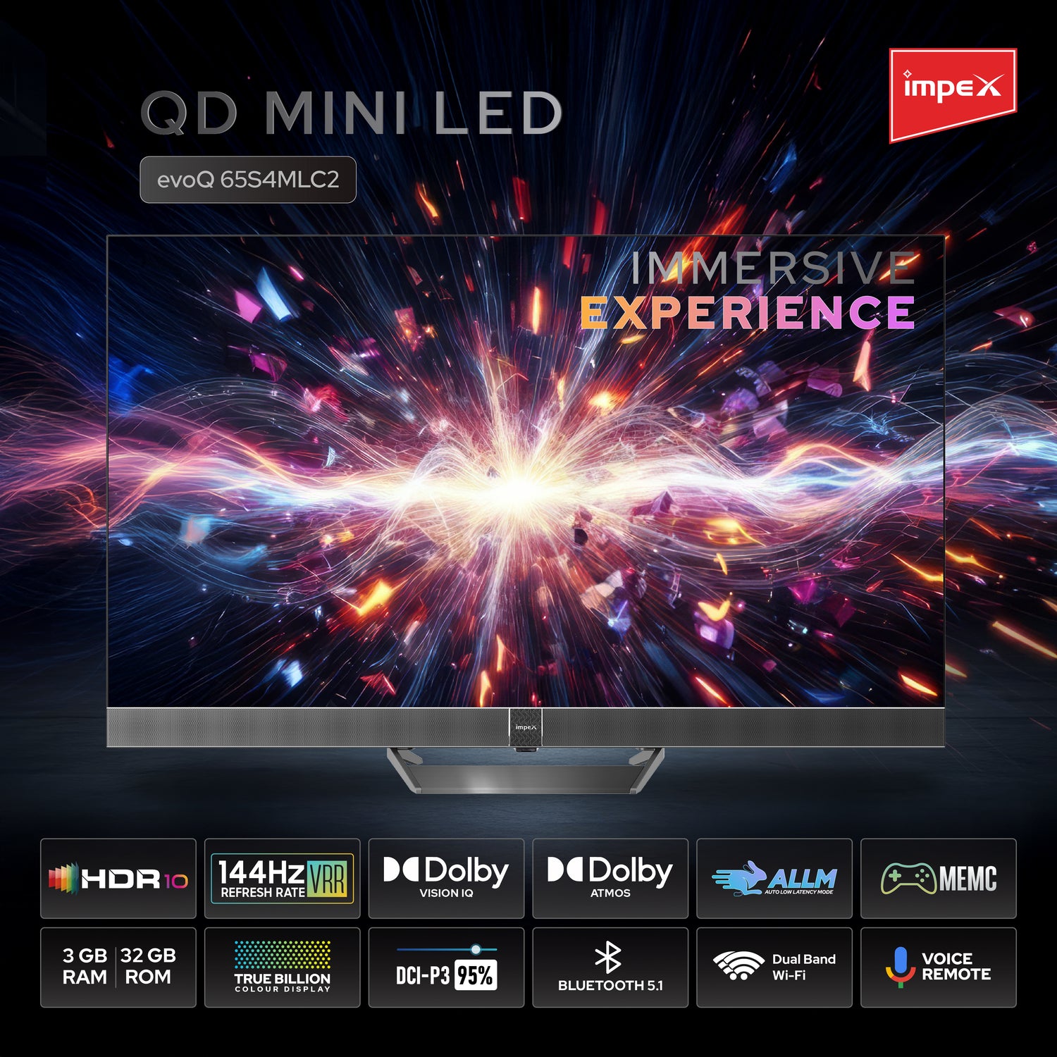 Impex evoQ 65S4MLC2 164 cm (65 inch) Ultra HD (4K) LED Google TV with 144Hz Refresh Rate, Dolby Vision & Atmos, 3GB RAM, and 32GB Storage