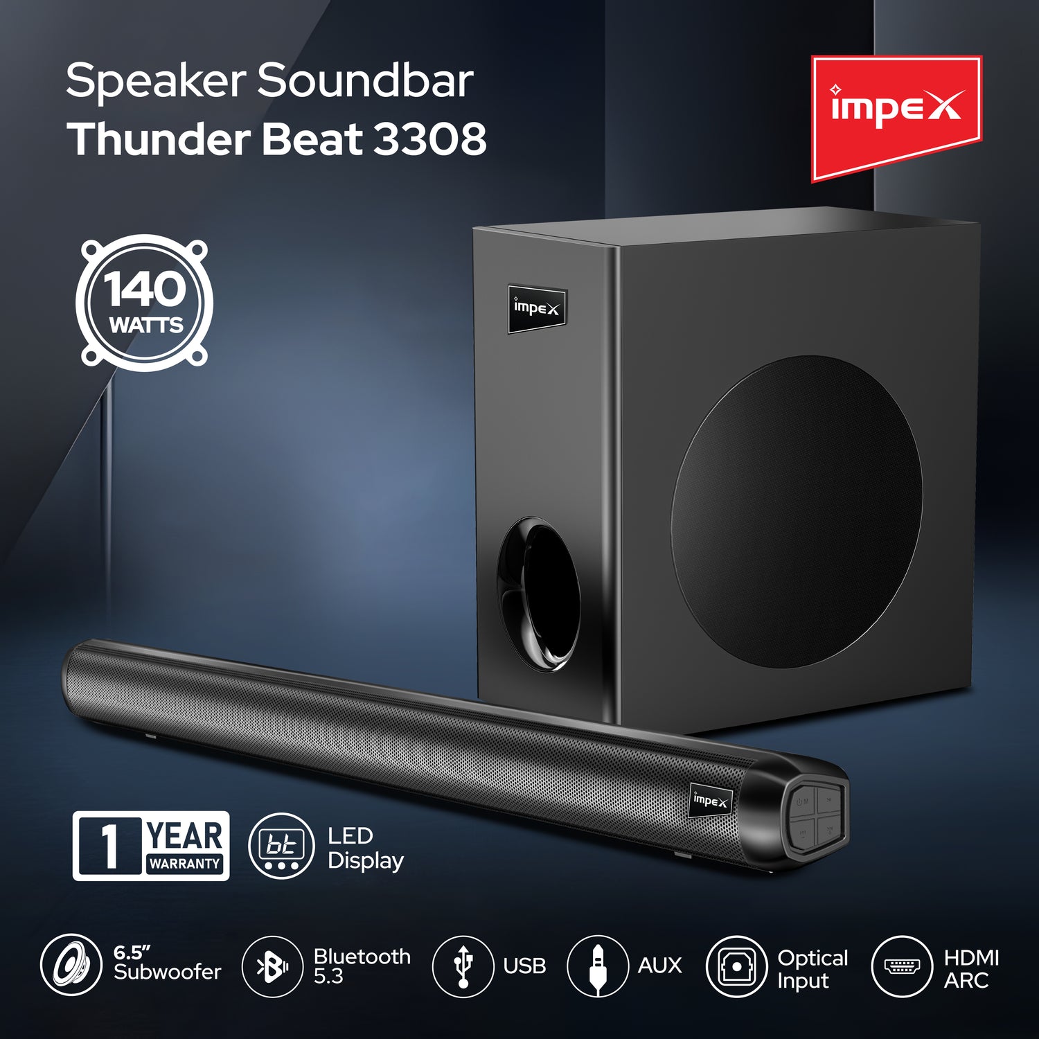Impex Thunder Beat 3308 140W Soundbar with Subwoofer, Bluetooth 5.3, Multiple Inputs, Wall Mountable - Black | 1 Year Warranty