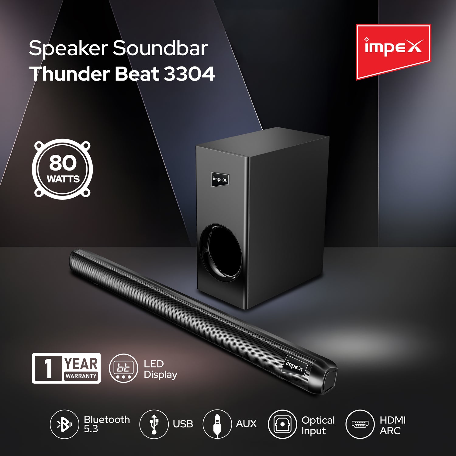 Impex Thunder Beat 3304 80W Soundbar with Subwoofer, Bluetooth 5.3, Multiple Inputs, Wall Mountable - Black | 1 Year Warranty