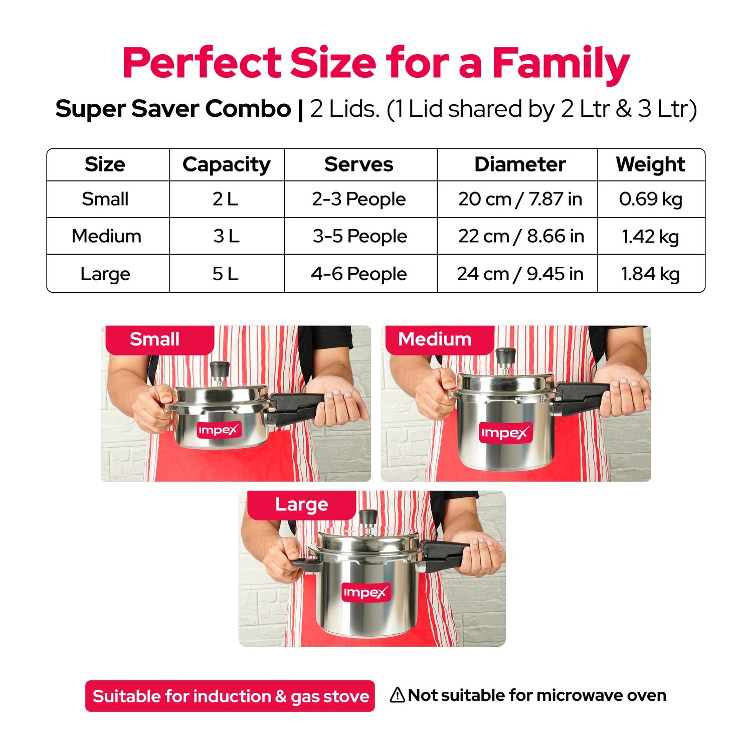 2L,3L,5L Stainless Steel Induction Base Outer Lid Pressure Cooker Family Combo (Pack of 3)