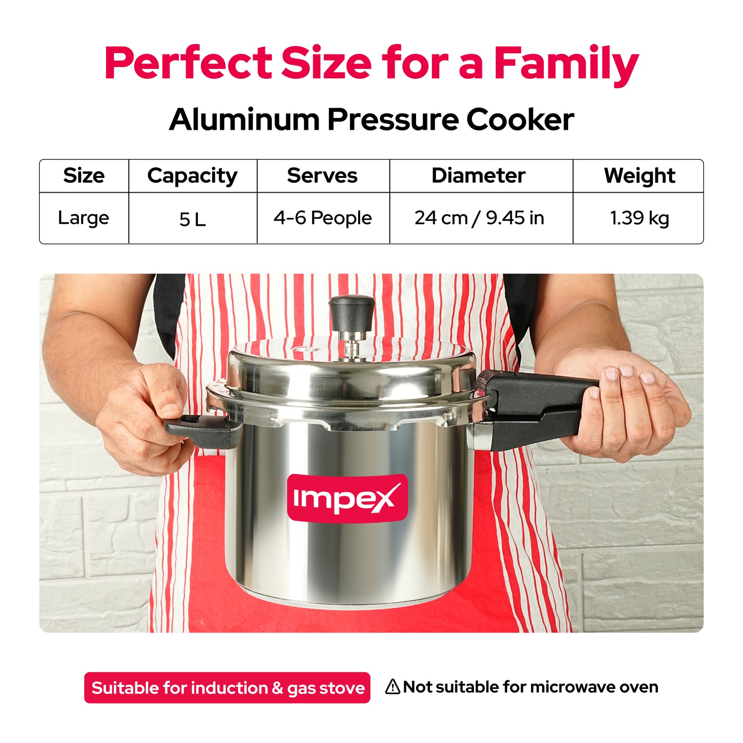 Impex ECO 5 L Induction Base Aluminium Pressure Cooker with Outer Lid (Silver)