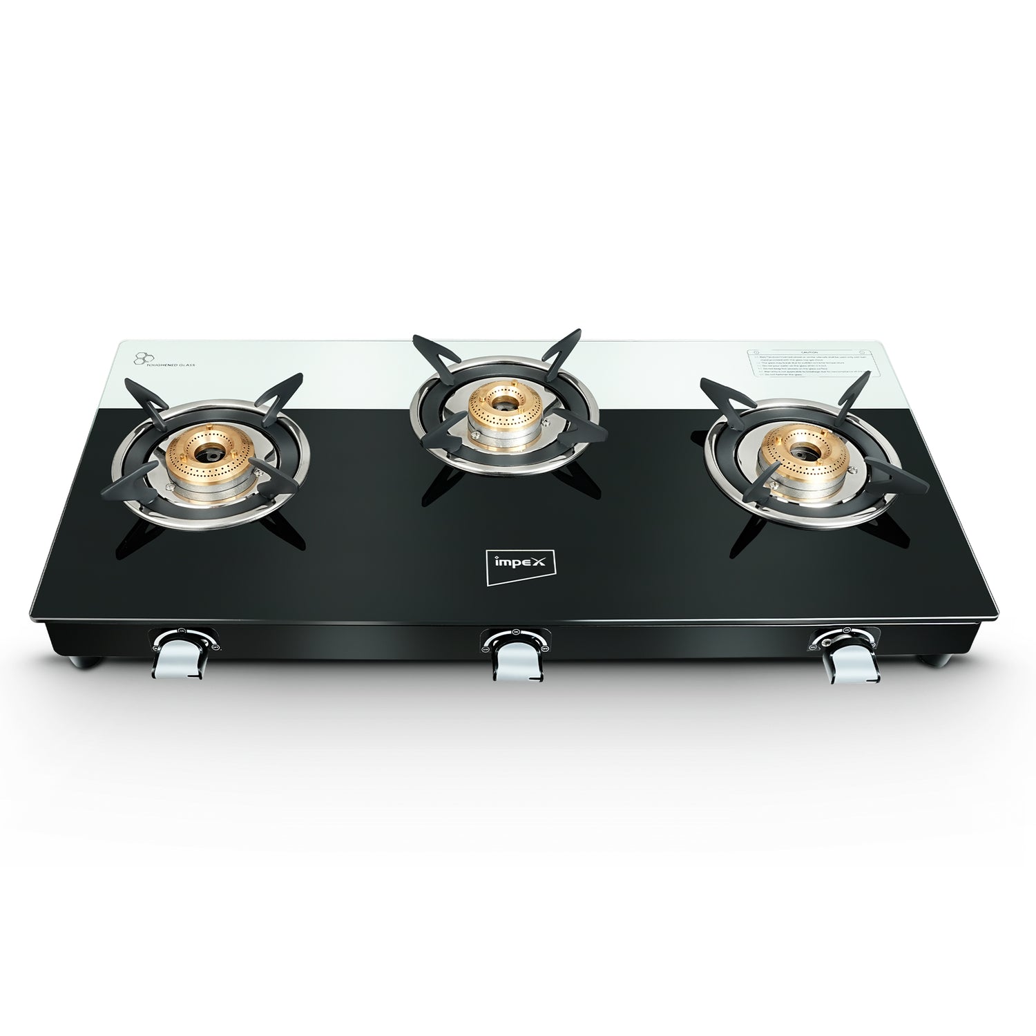 Impex Fiera 3BD 3-Burner Gas Stove with Glass Top, Flat Burners, Heavy Pan Support, and 2-Year Warranty