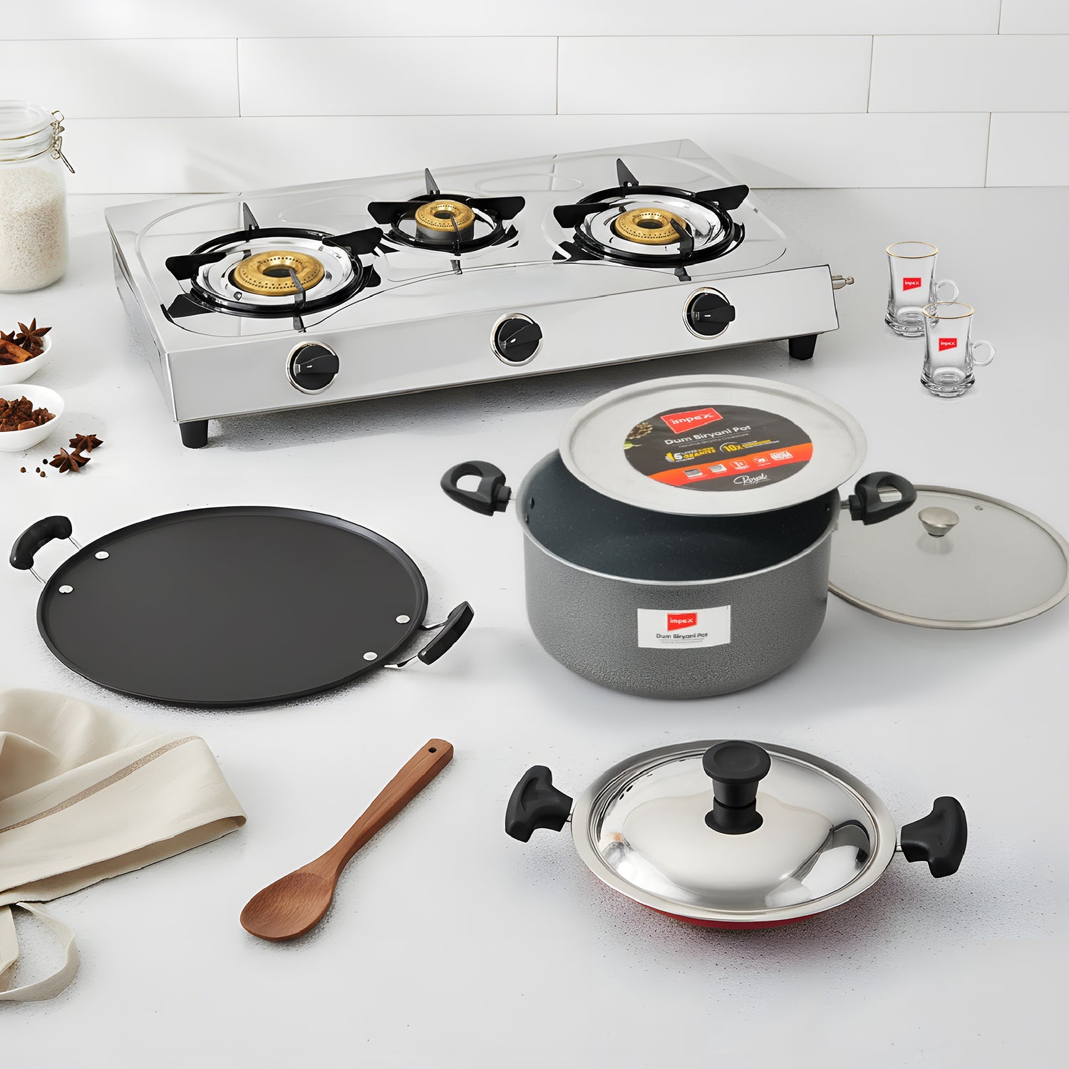 2 Burner SS Gas Stove+ 36cm Tawa+ 12L Dum Biriyani Pot+ 20 cm Appachatty+ 6pc Glassware Set