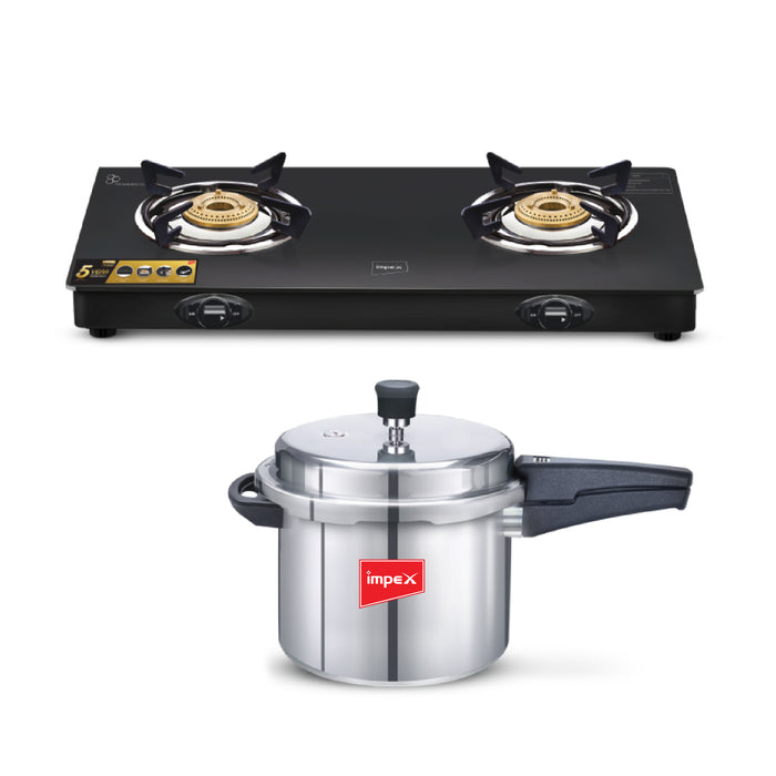 Impex Combo Glasstop Gas stove 2B (Aspira Ador 2B) , Pressure Cooker 5 Ltr (NORMA 5)