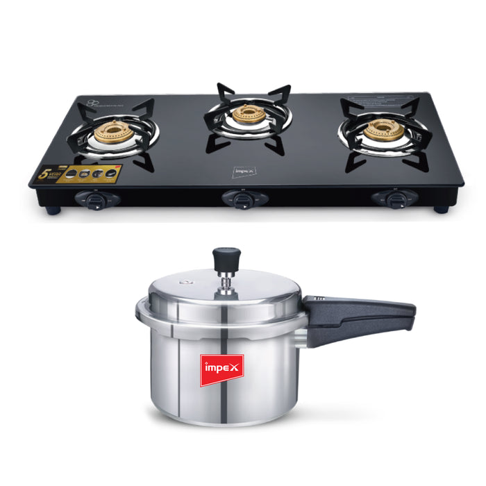 Impex Onam Combo Glasstop Gasstove 3B (Aspira Ador 3B) Pressure Cooker 3 Ltr (NORMA 3)