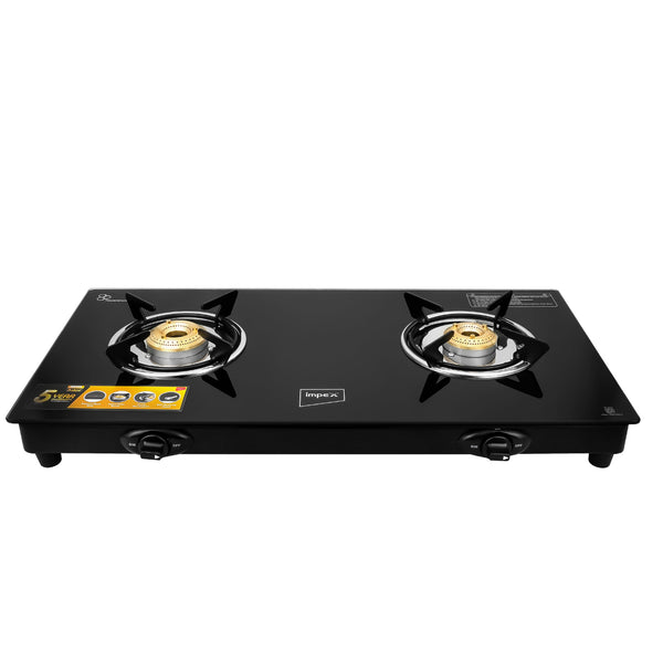Aspira Ador 2B Glasstop Gas Stove | 2 Brass Burners | Toughened Black Glass | ISI Certified | 2+5 Year Warranty