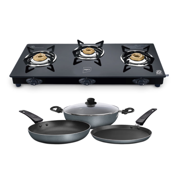 Impex Combo Glasstop Gas Stove (SPECTA 3B NEO) , ENVY 4 Piece Nonstick Cookware set (NV 444)R