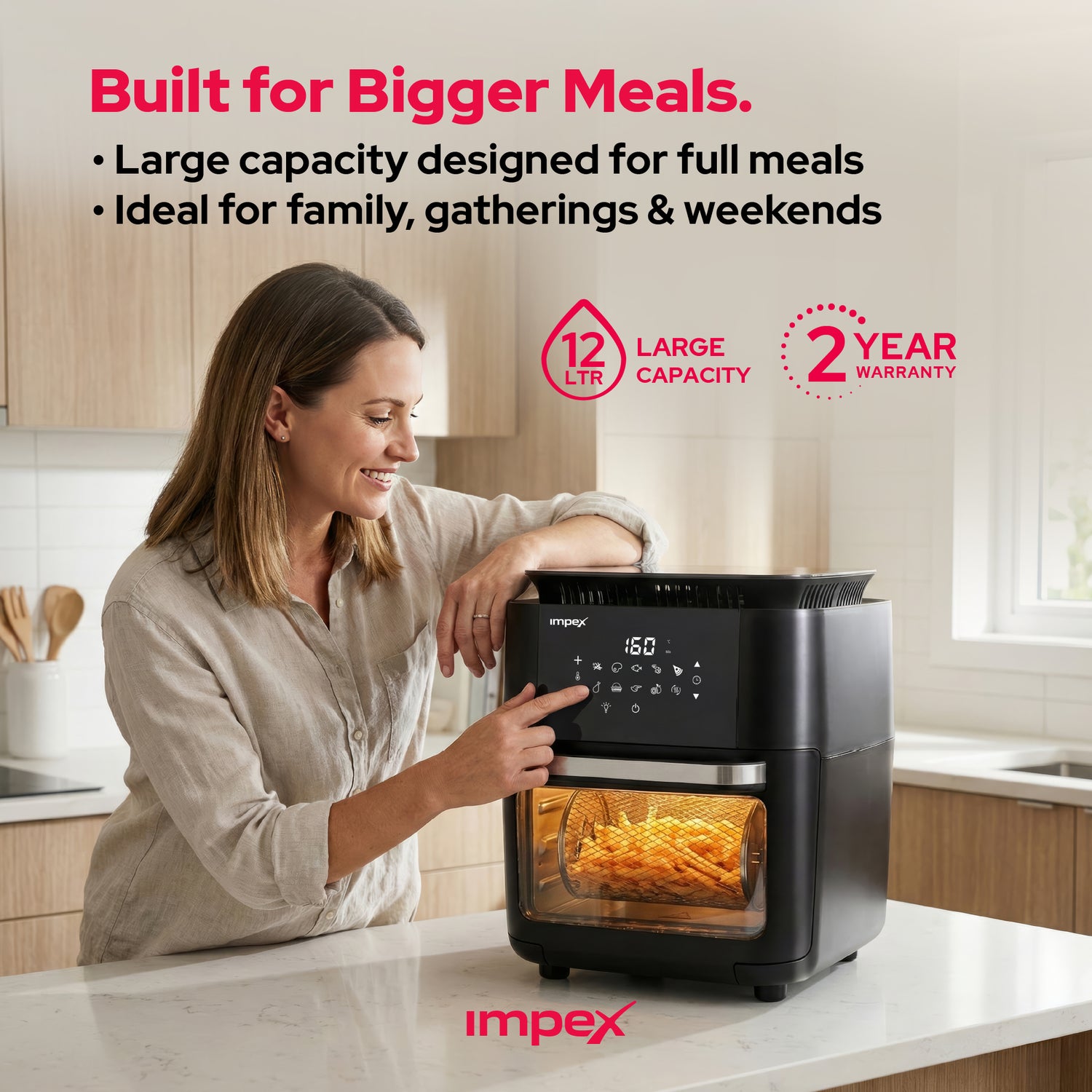 Impex AIRCHEF XL 12L Air Fryer Oven with Rotisserie | Oil-Free Cooking | Digital Touch | 360° Grill, Bake & Roast | Large Capacity Air Fryer