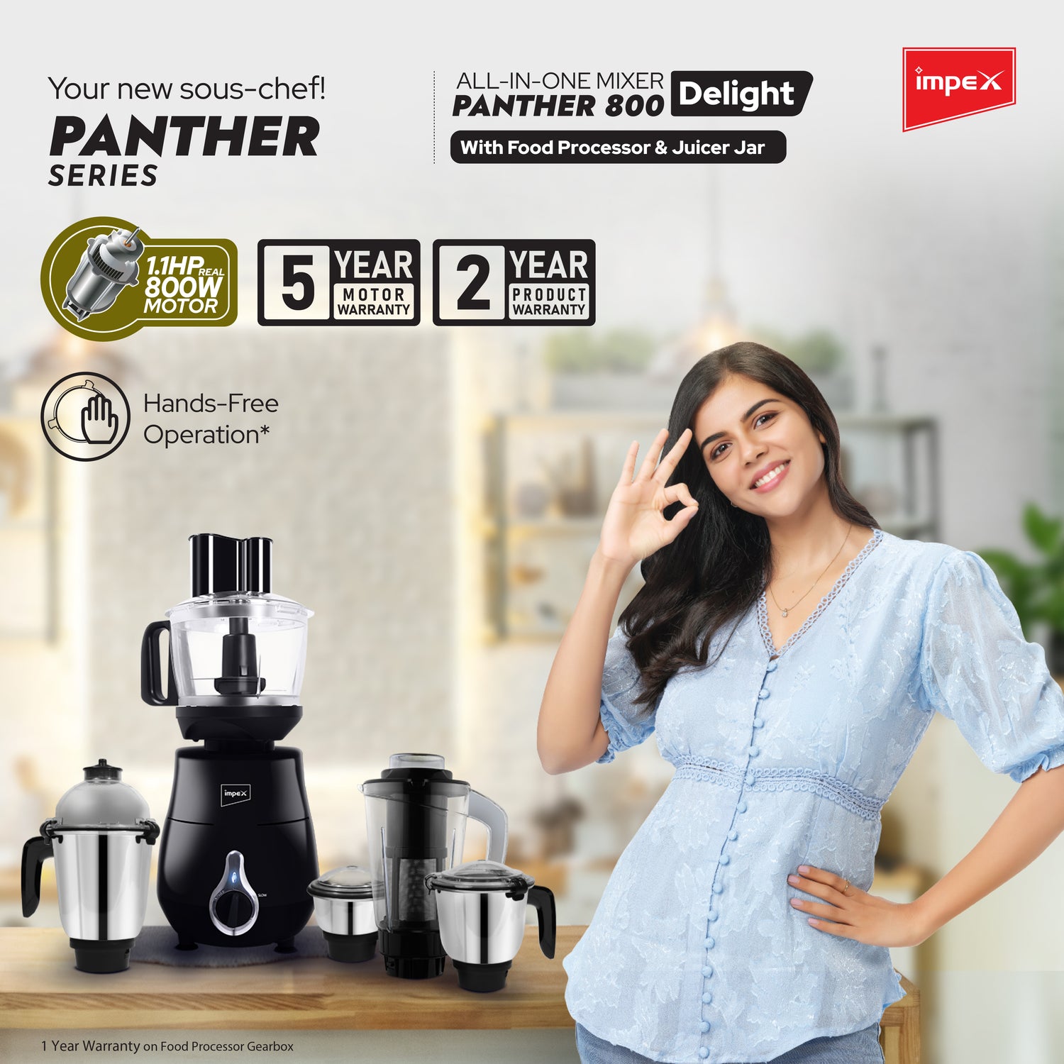 Impex Panther 800 Delight Mixer Grinder  with 4 Jars, 7-in-1 Attachments, Slow Speed Function, and 5-Year Motor Warranty