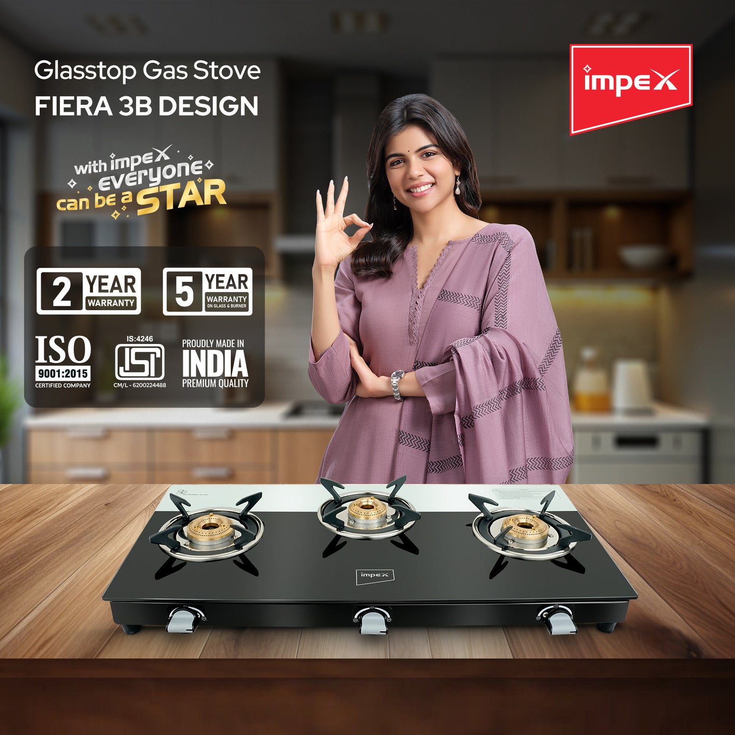 Impex Fiera 3BD 3-Burner Gas Stove with Glass Top, Flat Burners, Heavy Pan Support, and 2-Year Warranty