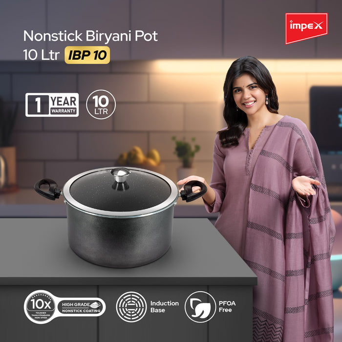 Impex Biryani Pot 10 Ltr With RIB (IBP10) – Non-Stick, Induction Friendly, Aluminium with Granite Coating, 1-Year Warranty