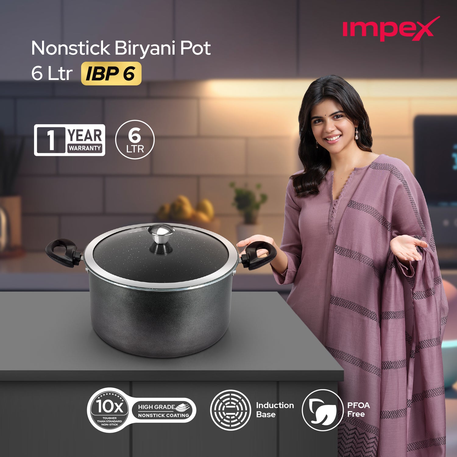 Biryani Pot 6 Ltr With Glass Lid IBP6 | Non-Stick| Induction Friendly | 1 Year Warranty