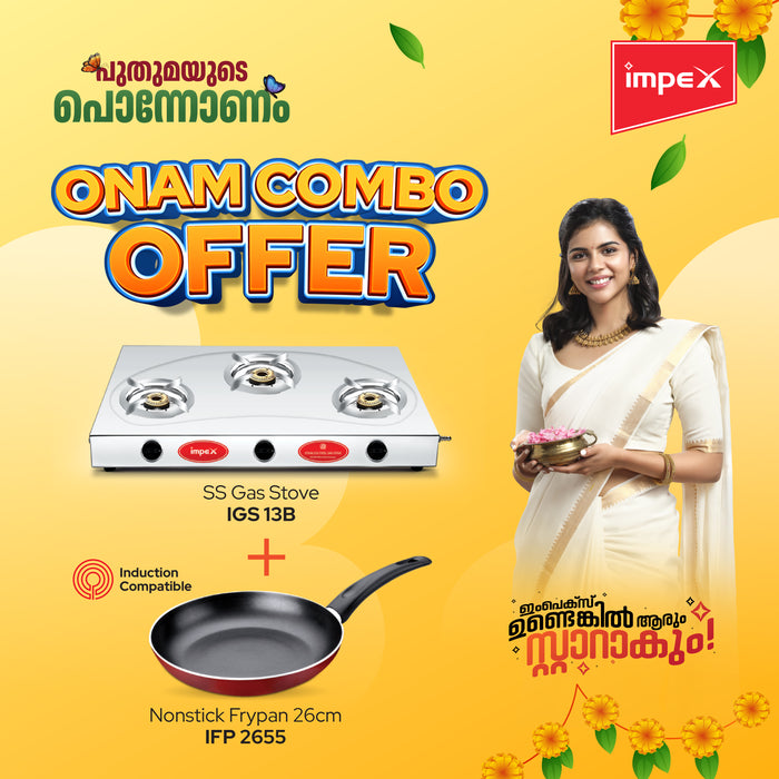 Impex Onam Combo Gas Stove (IGS 13B), Nonstick Coated Fry Pan 26 cm (IFP 2655)