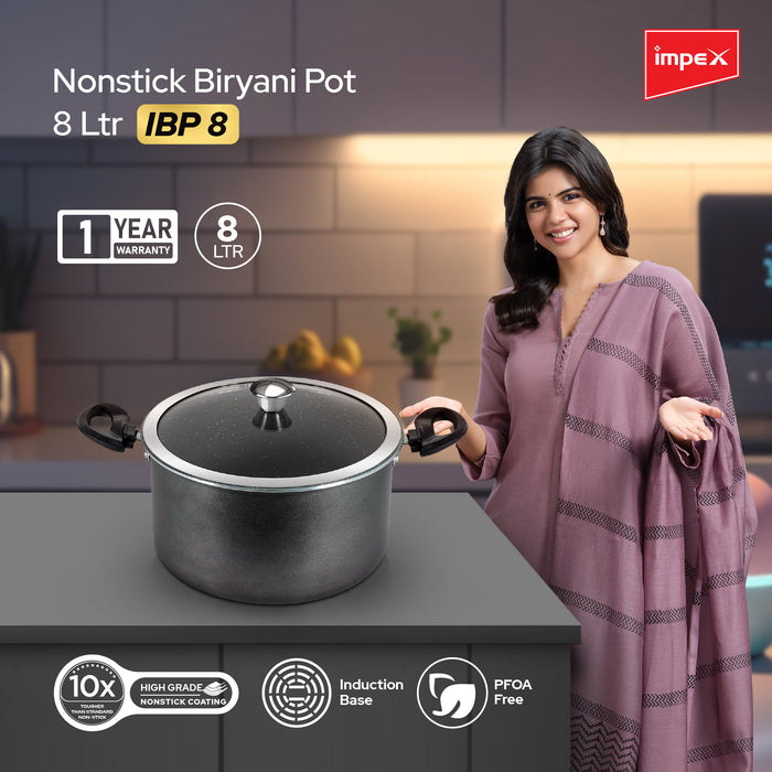 Impex Biryani Pot 8 Ltr With RIB (IBP8) – Non-Stick, Induction Friendly, Aluminium with Granite Coating, 1-Year Warranty